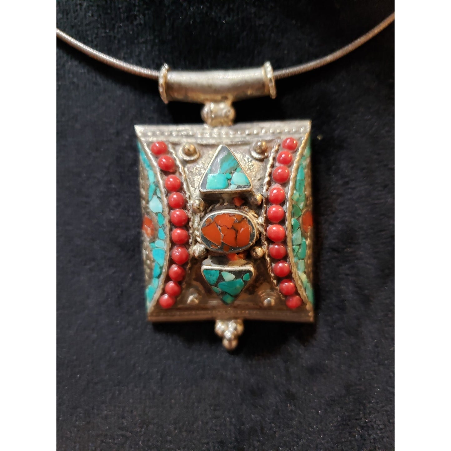 Womens Copper Tone Tibetan Turquoise Coral Lapis Lazuli Pendant Necklace Jewelry