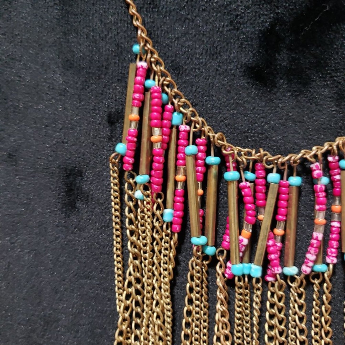 Womens Fashion Boho Layered Fringe Seed Bead Gold Tone Statement Necklace