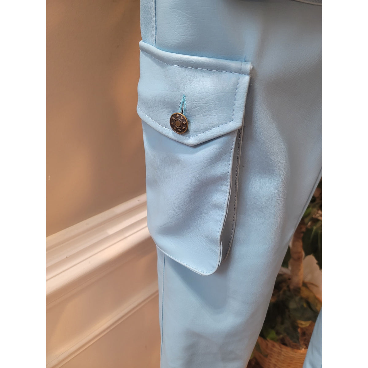 Merci Leather Cargo Pants Women's Size 34 (M) Light Blue Slim Fit Side Pockets
