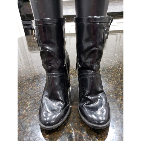 Izabella Rue Ankle Boots Womens Size 8 Black Patent Leather Block Heel Side Zip