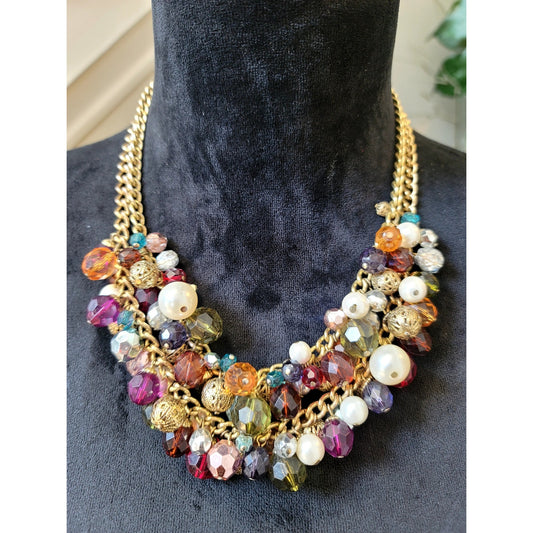 Colorful Crystal Faux Pearl Beaded Statement Bib Necklace Gold Tone Multi Strand