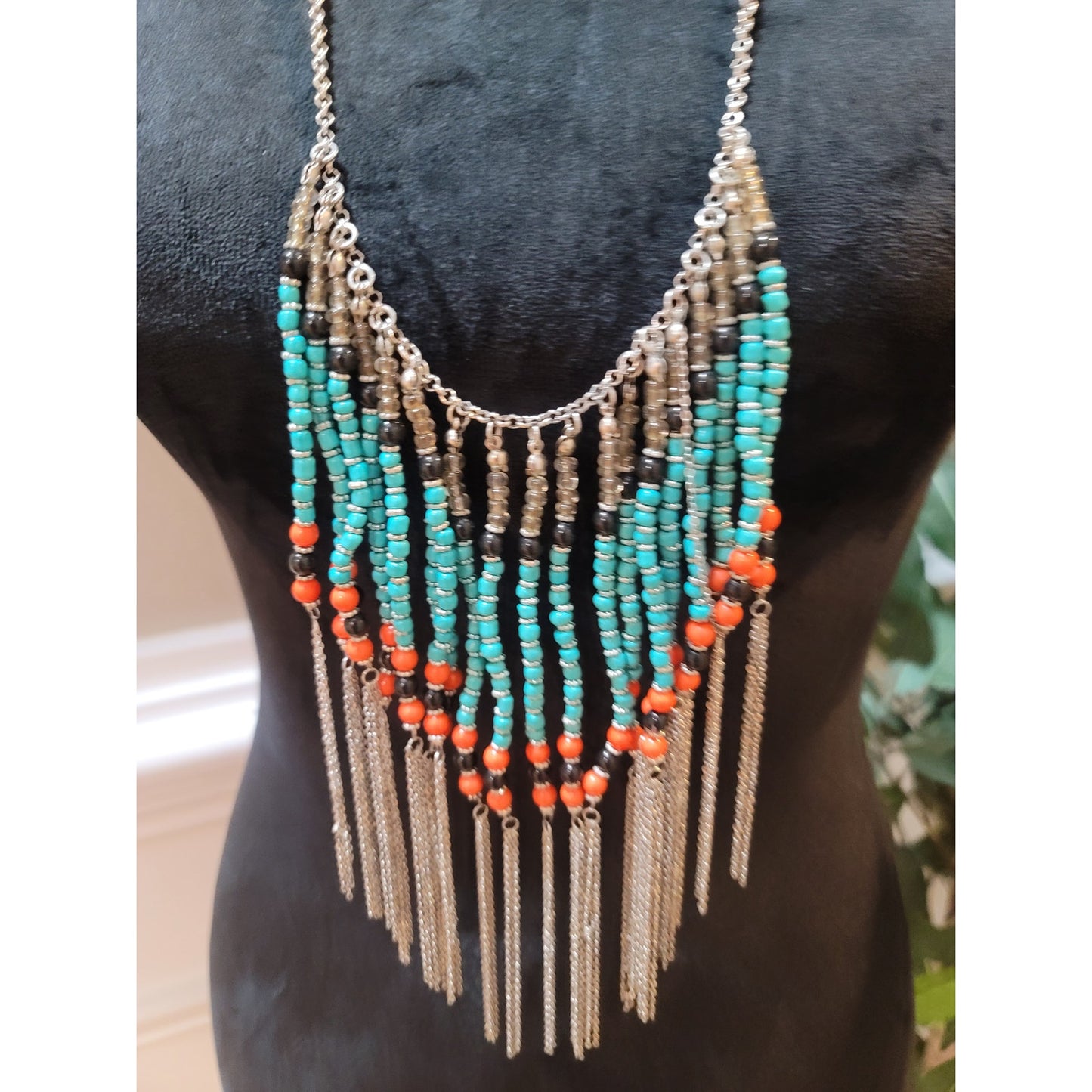 Womens Bohemian Beaded Statement Necklace With Turquoise Coral And Lobster Clasp