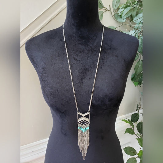 Womens Silver Tone Turquoise Fringe Tassel Pendant Necklace with Lobster Clasp