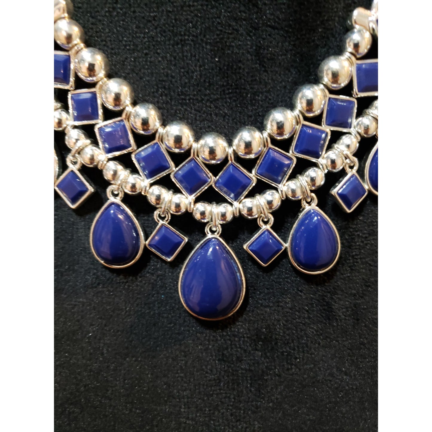 Women Silver Tone Blue Teardrop Square Bead Layered Statement Necklace Jewelry