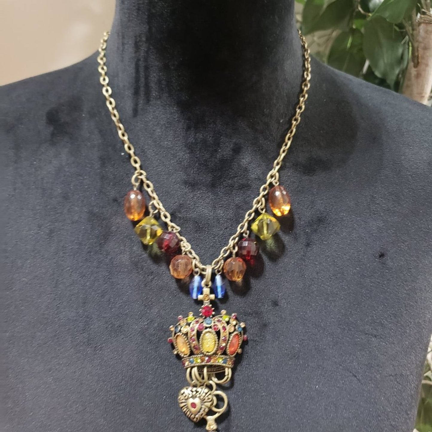 Gold Layered Multi-Row Crown Crystal Key King Heart Cross Charm Long Necklace