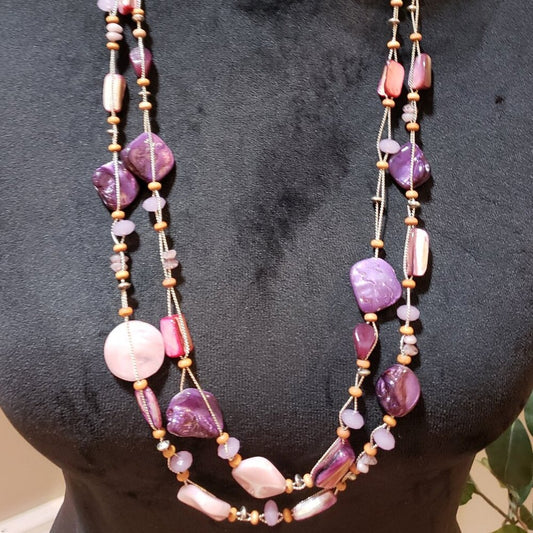 Womens Fashion Two Strand Chunky Amethyst Stones Seed Beads Necklace w/ Lobster