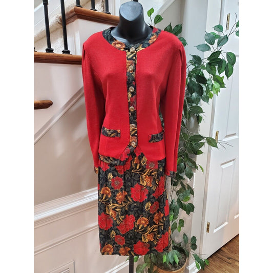 Matthew & David Women's Red Floral Single Breasted Blazer & Skirt 2 Pc's Suit 16
