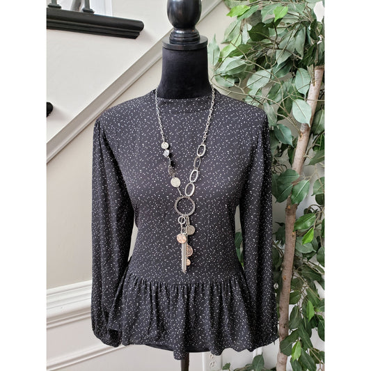 LOFT Blouse Top Womens PM Black Polka Dot Balloon Sleeve Ruffle Hem Pullover