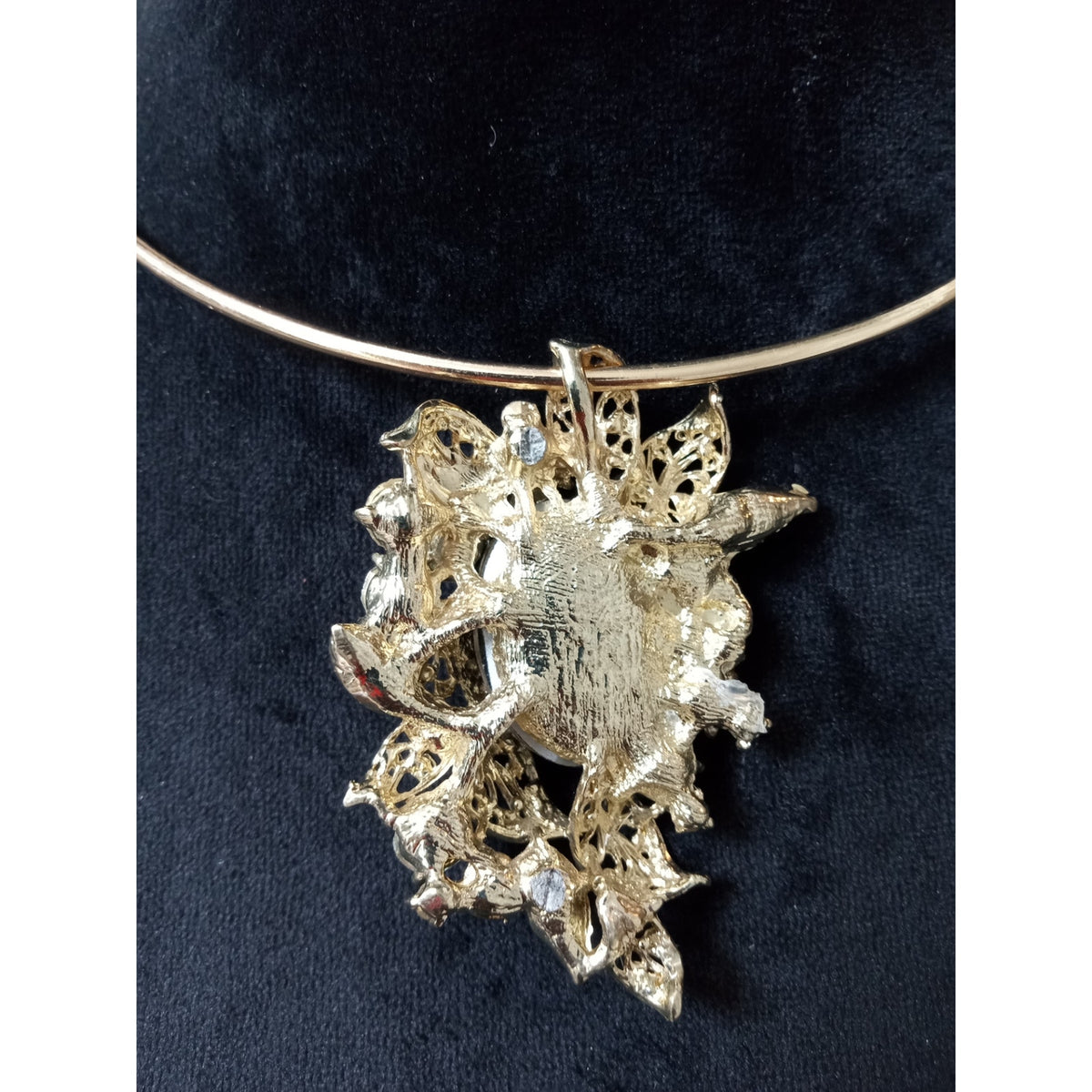 Vintage Rhinestone Statement Choker Necklace AB Crystal Gold Tone Pendant