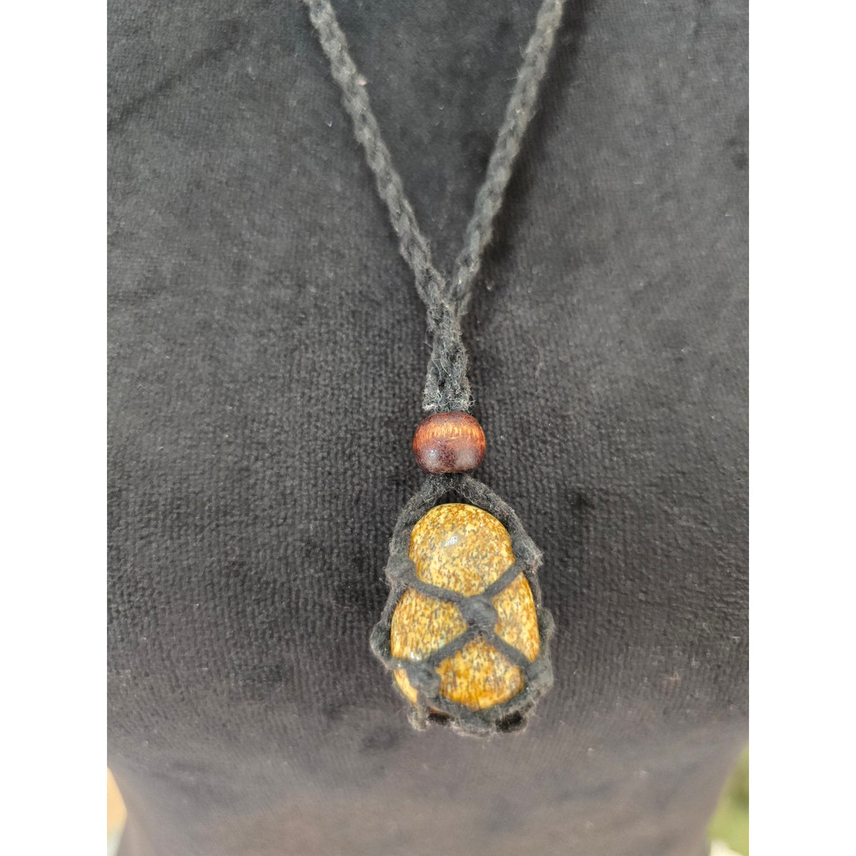 Long Black Cloth Cord Tan Stone Pendant Necklace Boho Style