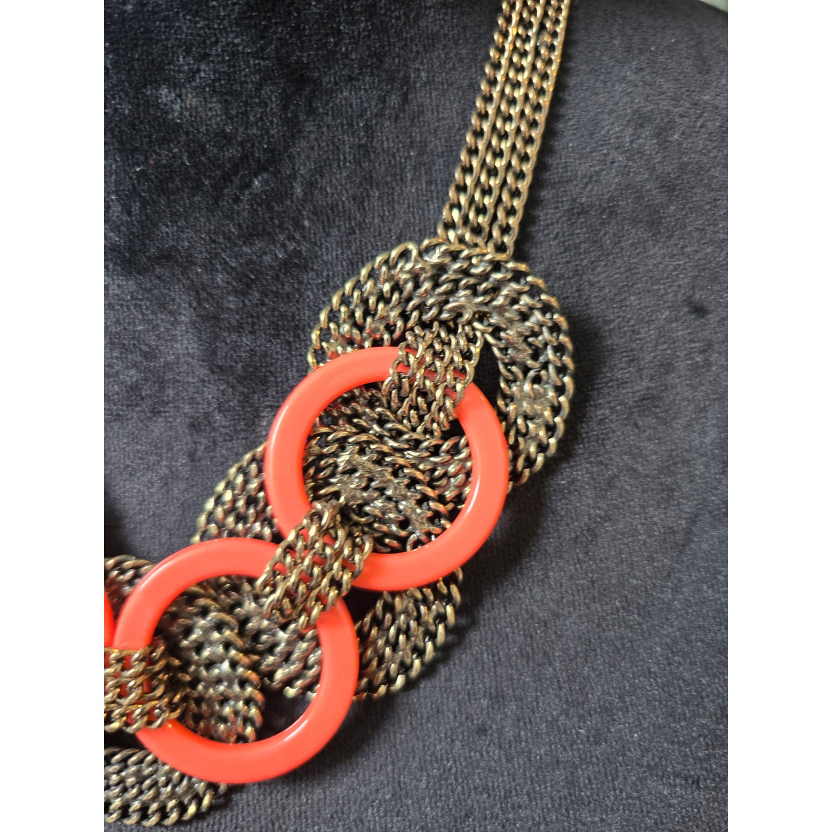 Coral Orange Gunmetal Gray Chunky Interlocking Chain Link Bib Necklace