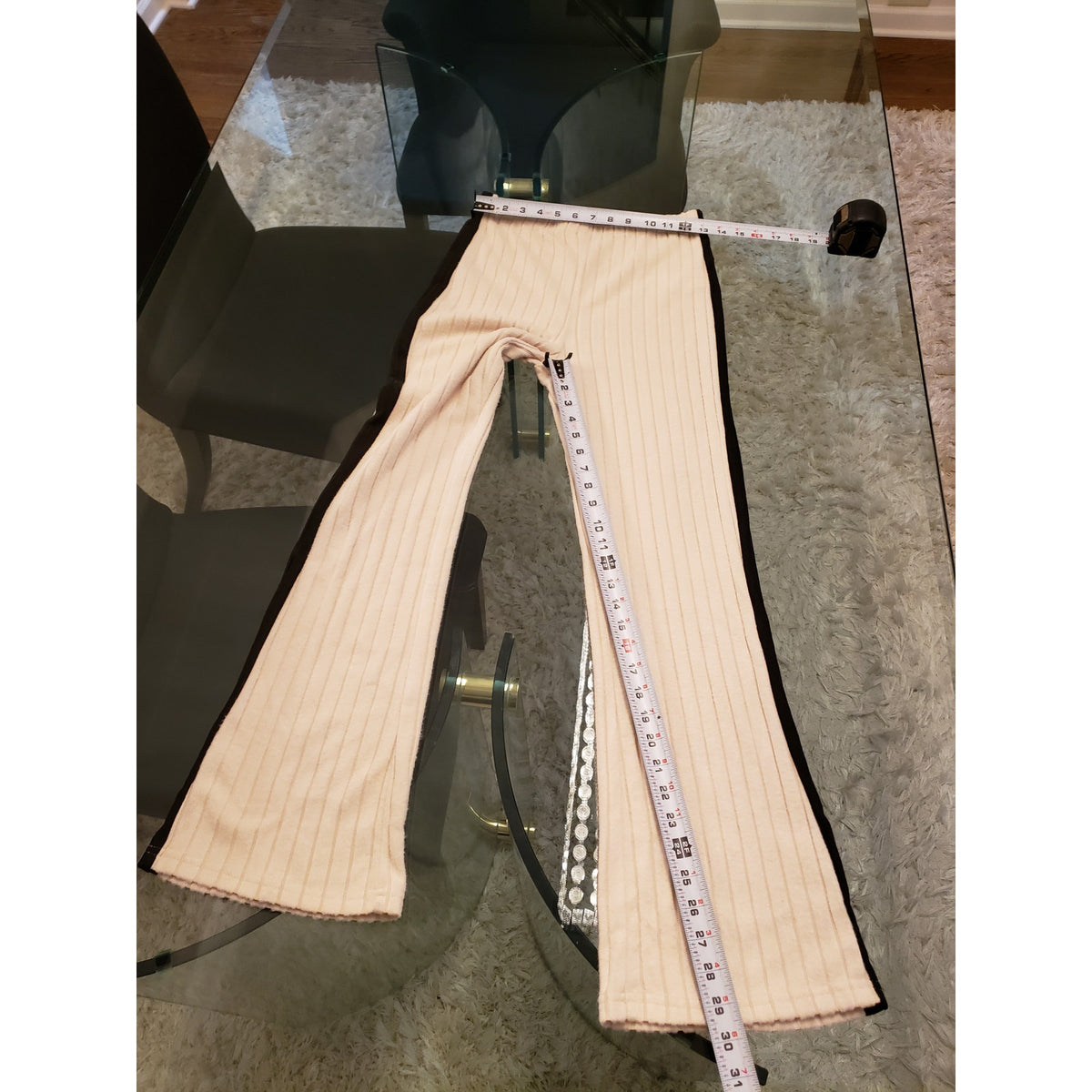 SHEIN 2 Piece Top & Pants Set Womens 6 Beige Wide Leg Rib Knit Asymmetrical Hem