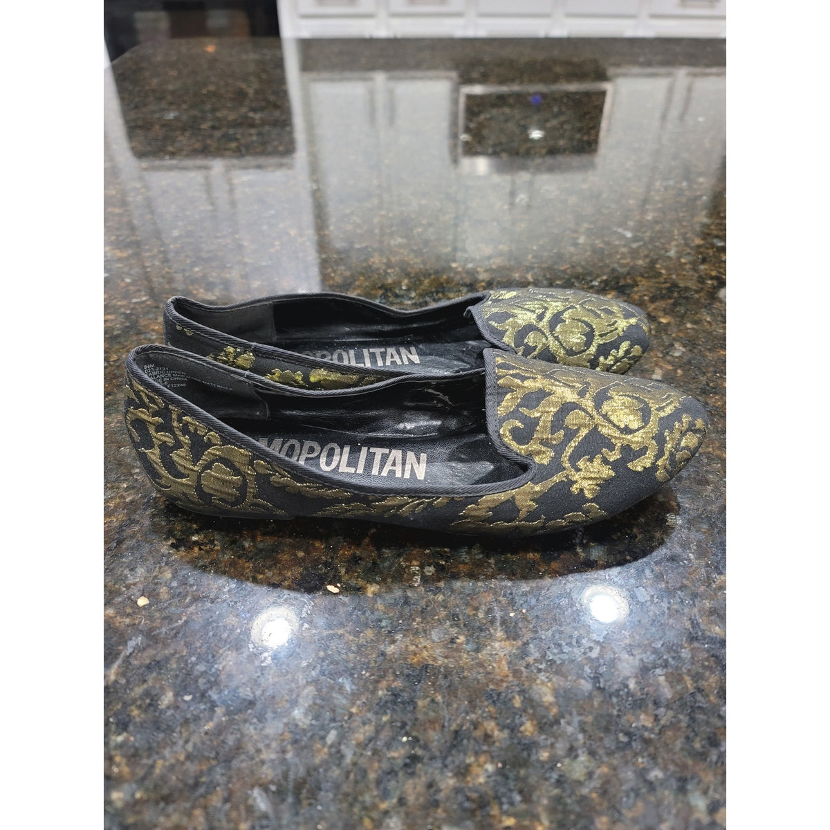 Cosmopolitan Ballet Shoes Women's Size 8.5M Black Gold Paisley Round Toe Slip On