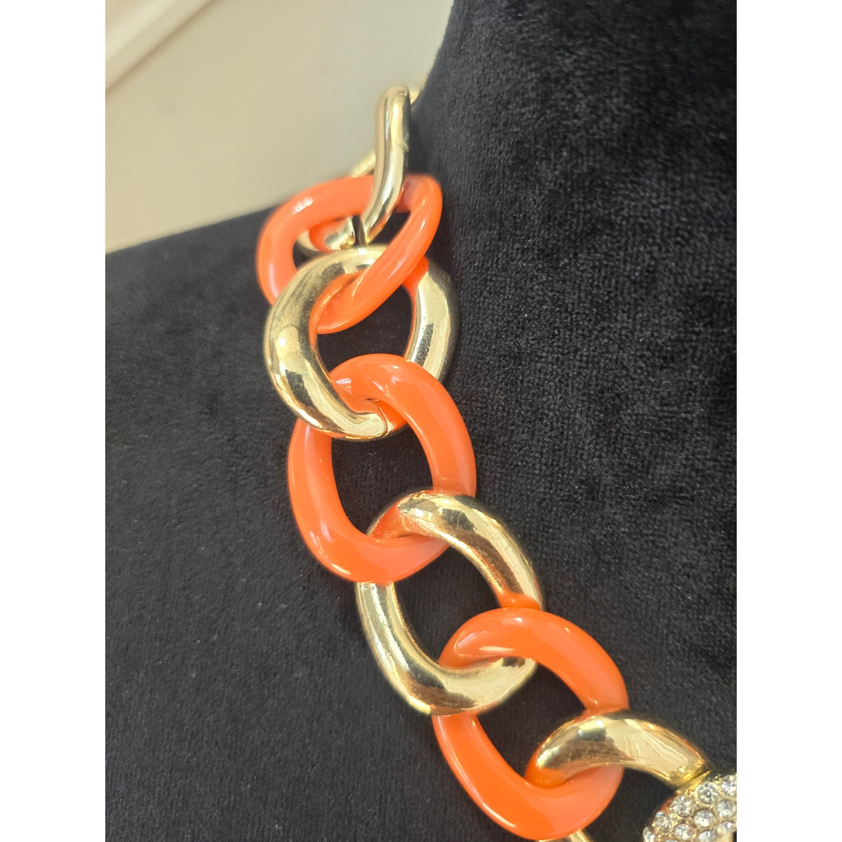 Lightweight Orange Gold Tone Chunky Chain Link Rhinestone Statement Necklace