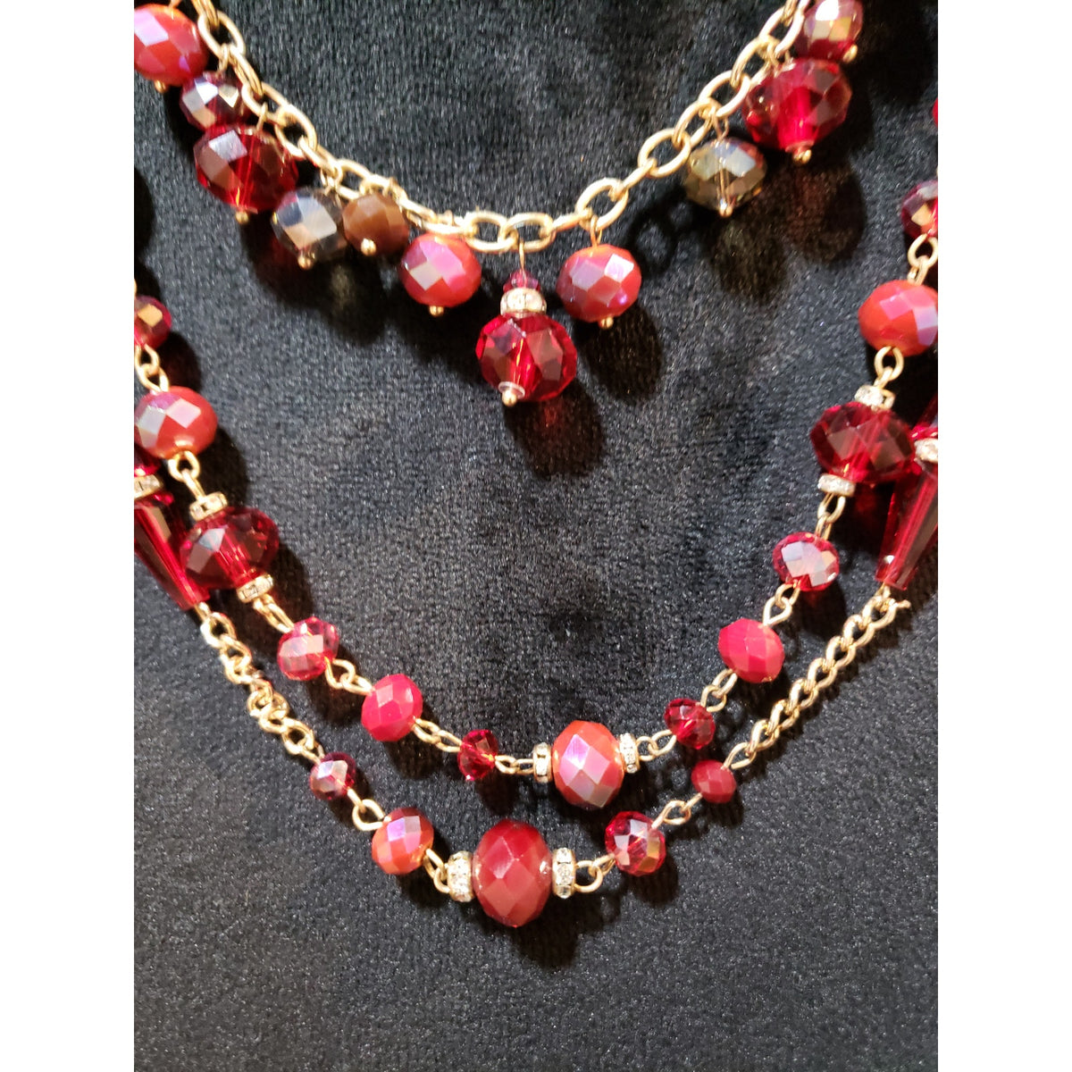 Ali Khan Womens 3 Strand Gold Tone Red Beads Aurora Borealis Necklace Jewelry