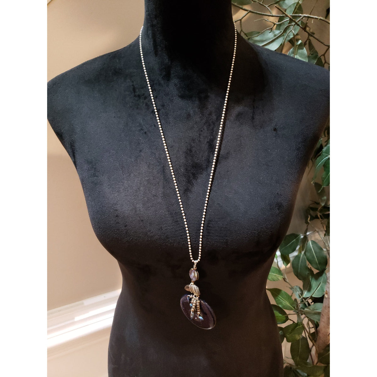 Womens Silver Tone Wire Wrap Charm Blue Resin Donut Pendant Long Cain Necklace