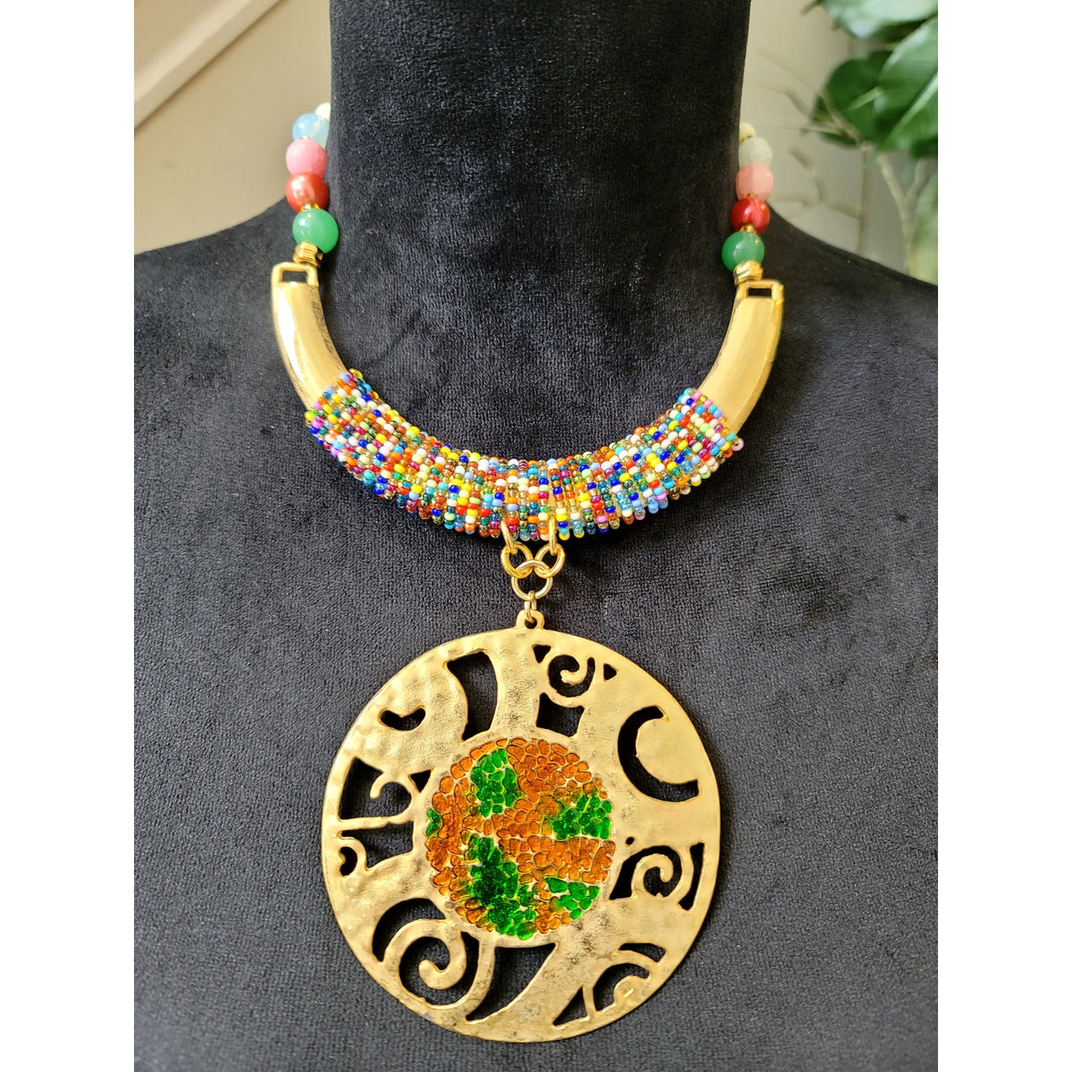 Multicolor Beaded Gold Tone Medallion Pendant Statement Necklace Boho