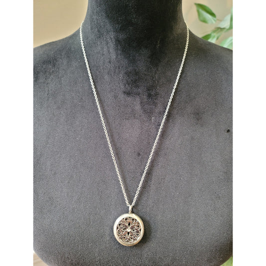 Women's Silver Tone Round Filigree Pendant Necklace Clear Rhinestone Jewelry