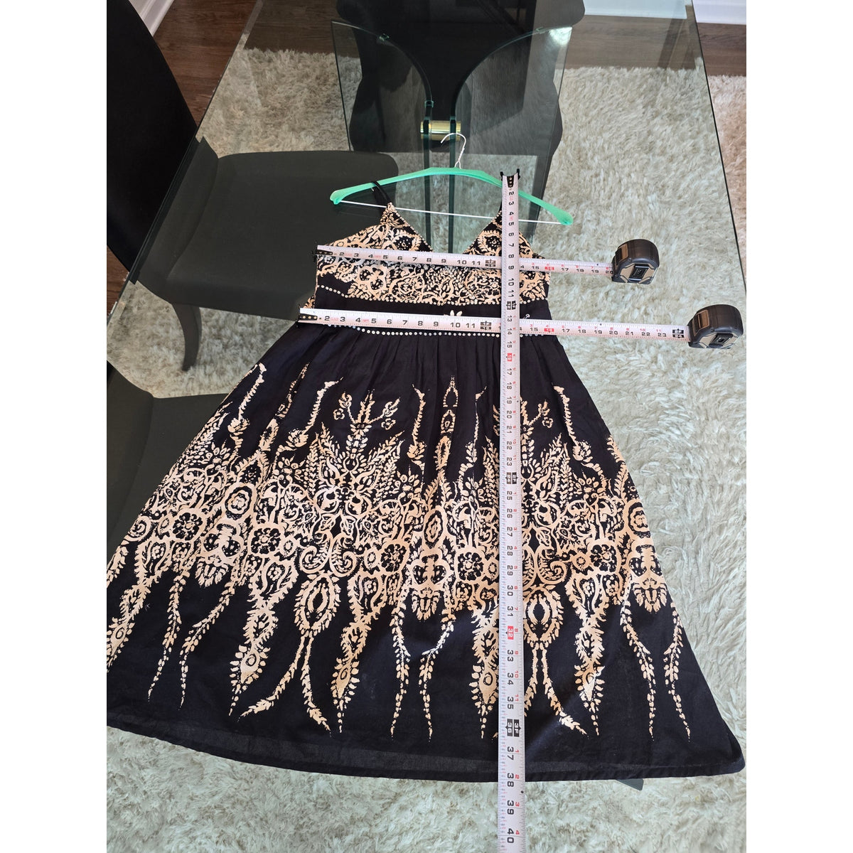 Cassee Mini Dress Women's SZ XL Black Damask Rhinestone Pleated Spaghetti Strap