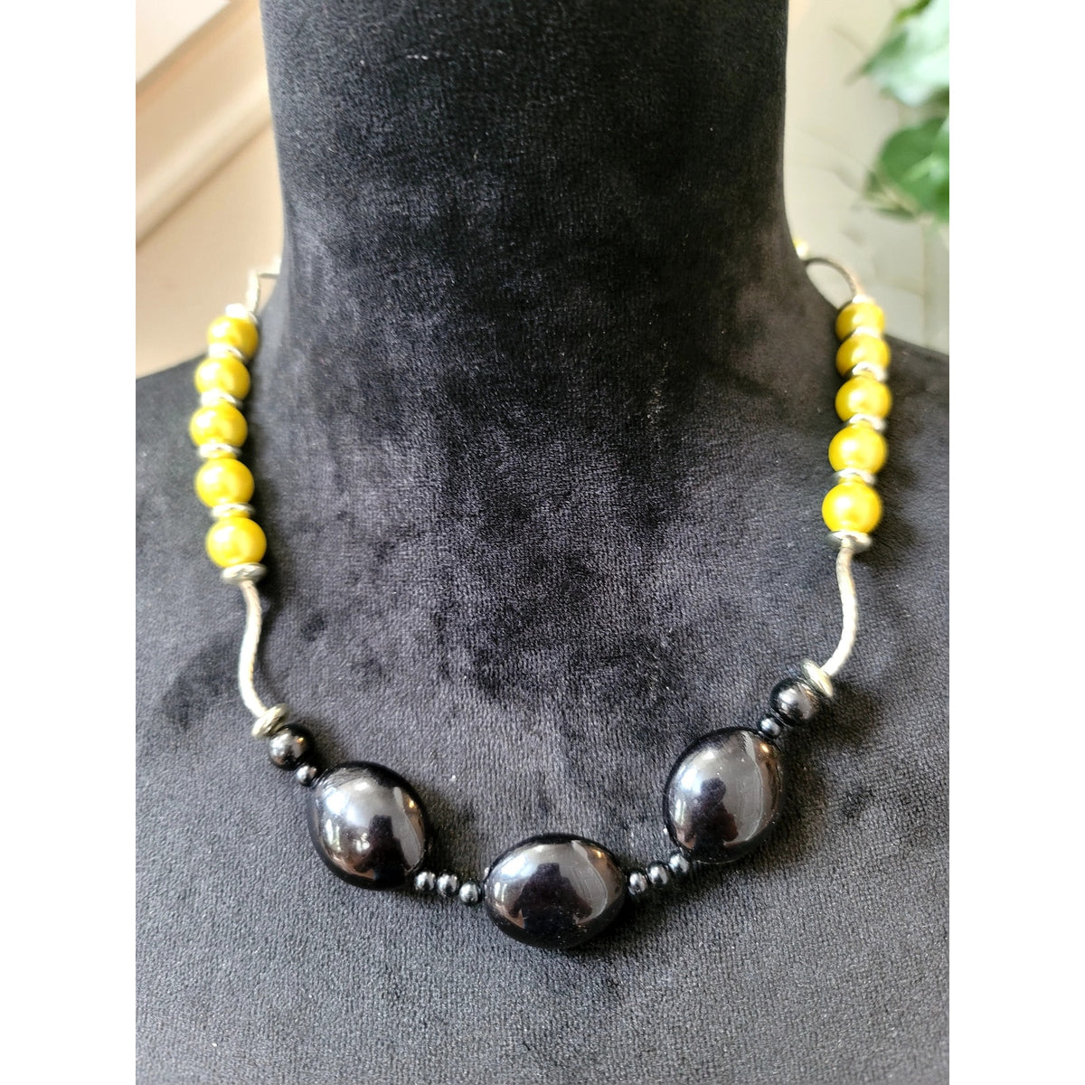 Yellow Black Beaded Silver Tone Statement Necklace Chunky Modern