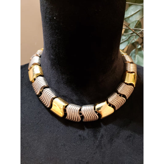 Women 2 Tone Textured Metals S Links Ribbed Choker Necklace Jewelry w/ Box Clasp