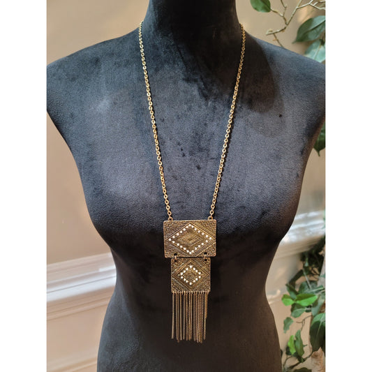 Women's Gold Statement Geometric Pendant Necklace with Fringed Secure Lock