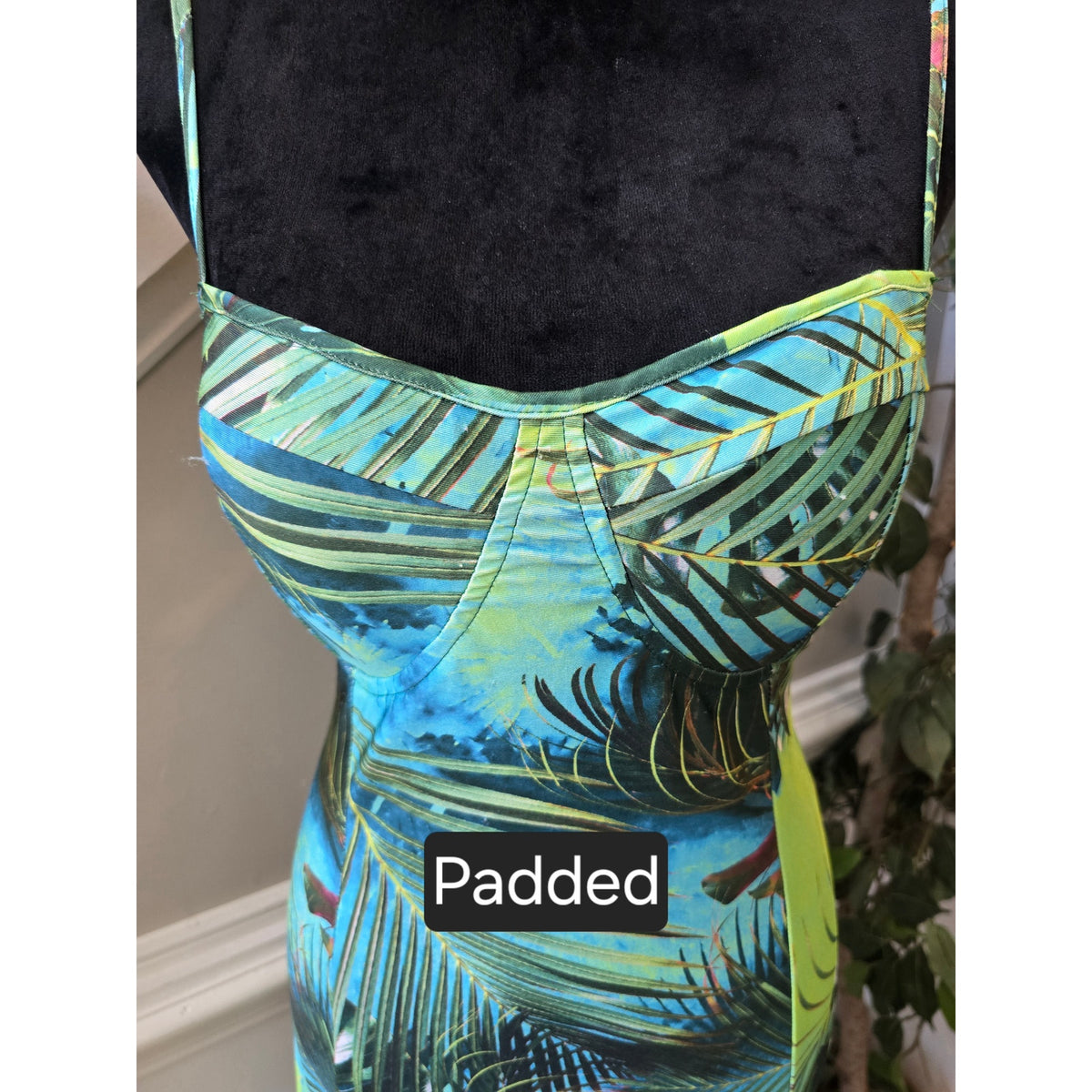 Merci Bodycon Dress Womens Large Multicolor Tropical Palm Padded Spaghetti Strap