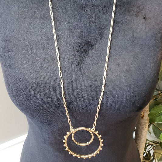 Womens Fashion Gold Tone Double Circle Long Pendant Paper Clip Chain Necklace