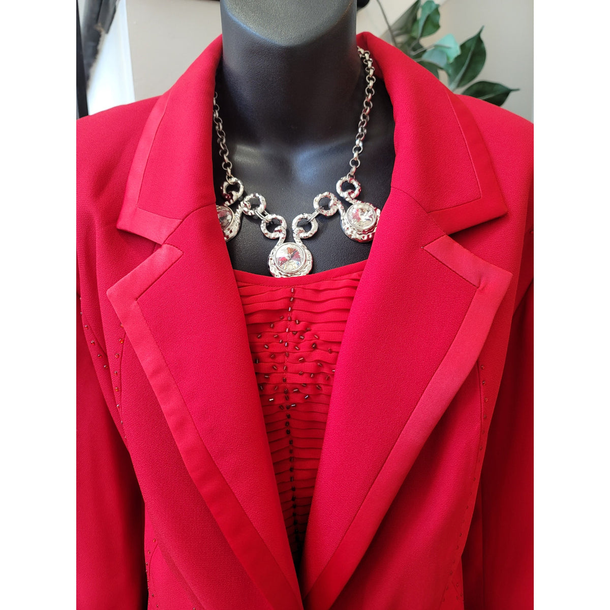 St Anthony Skirt Suit Women SZ 16W Red Rhinestone Long Sleeve Blazer Fully Lined