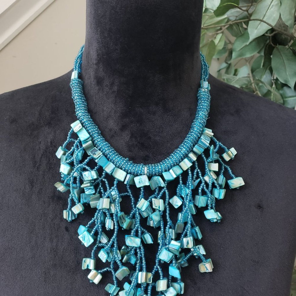 Womens Fashion Abalone Shell Glass Seed Beaded Fringe Statement Necklace