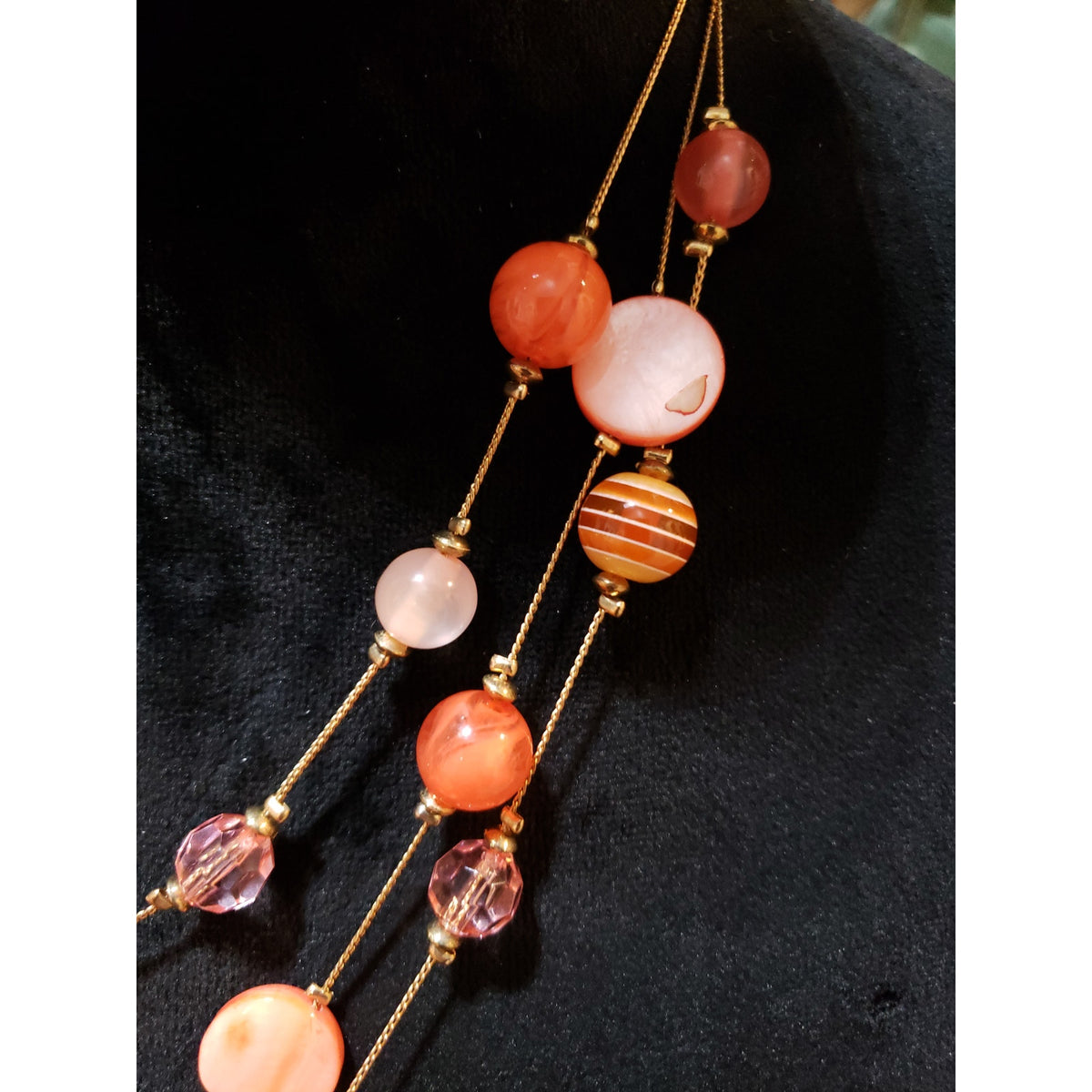 Womens Fashion Three Strand Coral Died Shell and Glass Beads Station Necklace