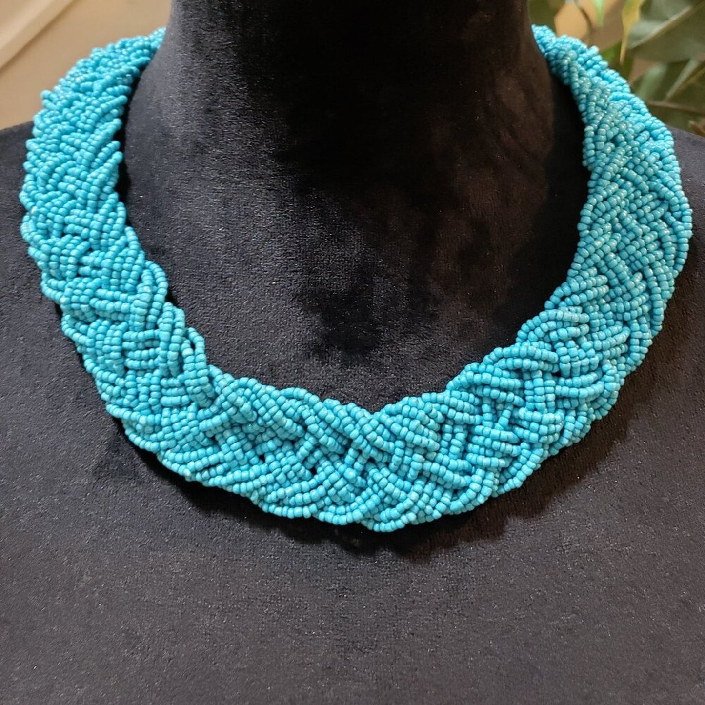 Women Light Blue Braided Seed Beaded Multiple Layers Necklace with Lobster Clasp