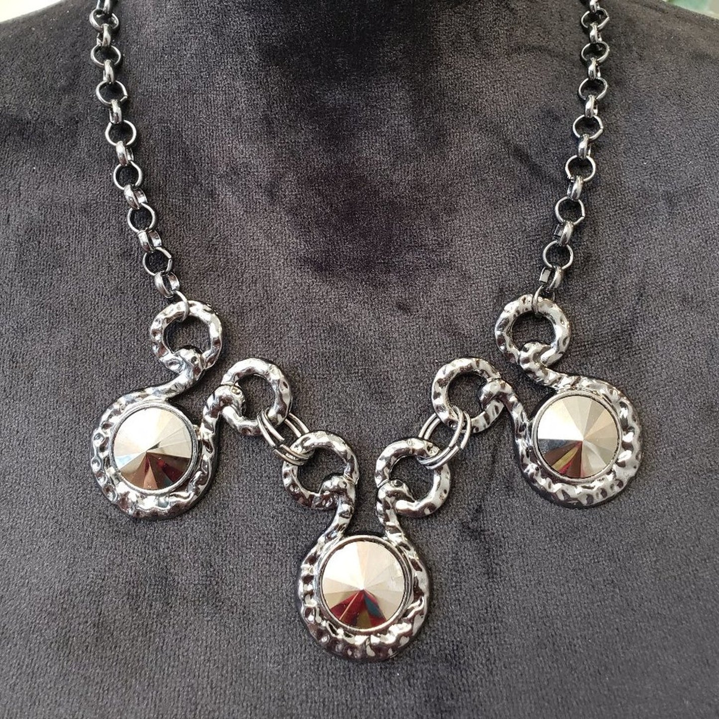 Womens Silver Three Dramatically Oil Spill Rhinestones Bib Necklace