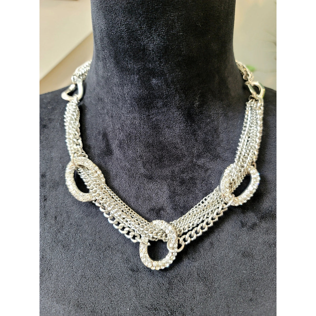 Silver Tone Rhinestone Multi Chain Link Statement Necklace Glam Runway Chic