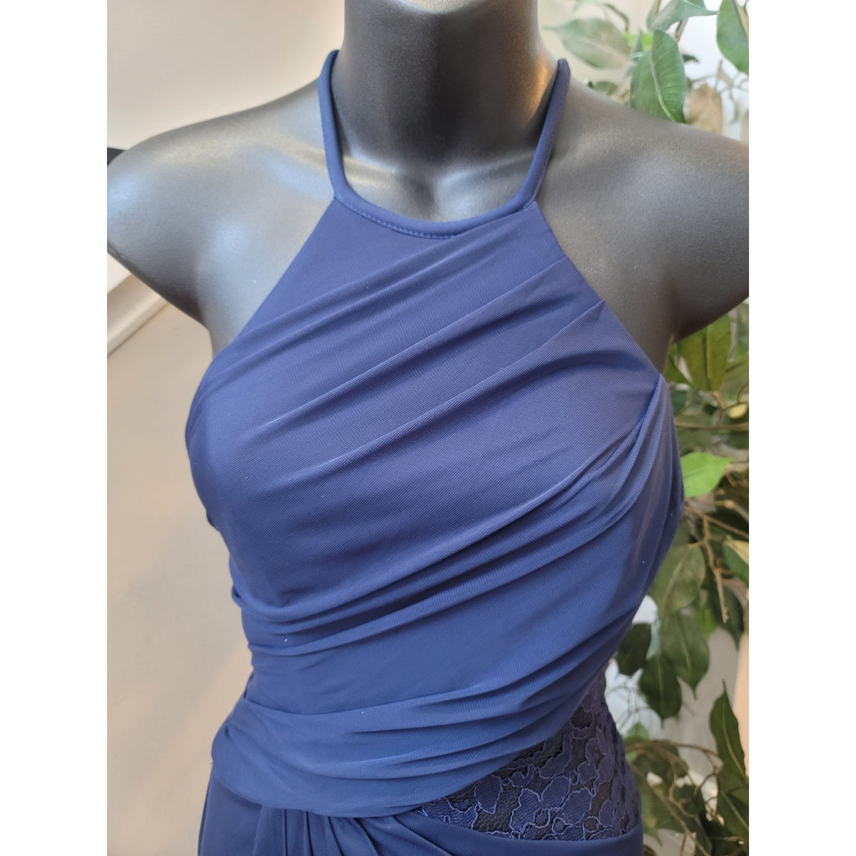 David's Bridal Maxi Dress Women's Size 2 Navy Blue 100% Polyester Halter Neck