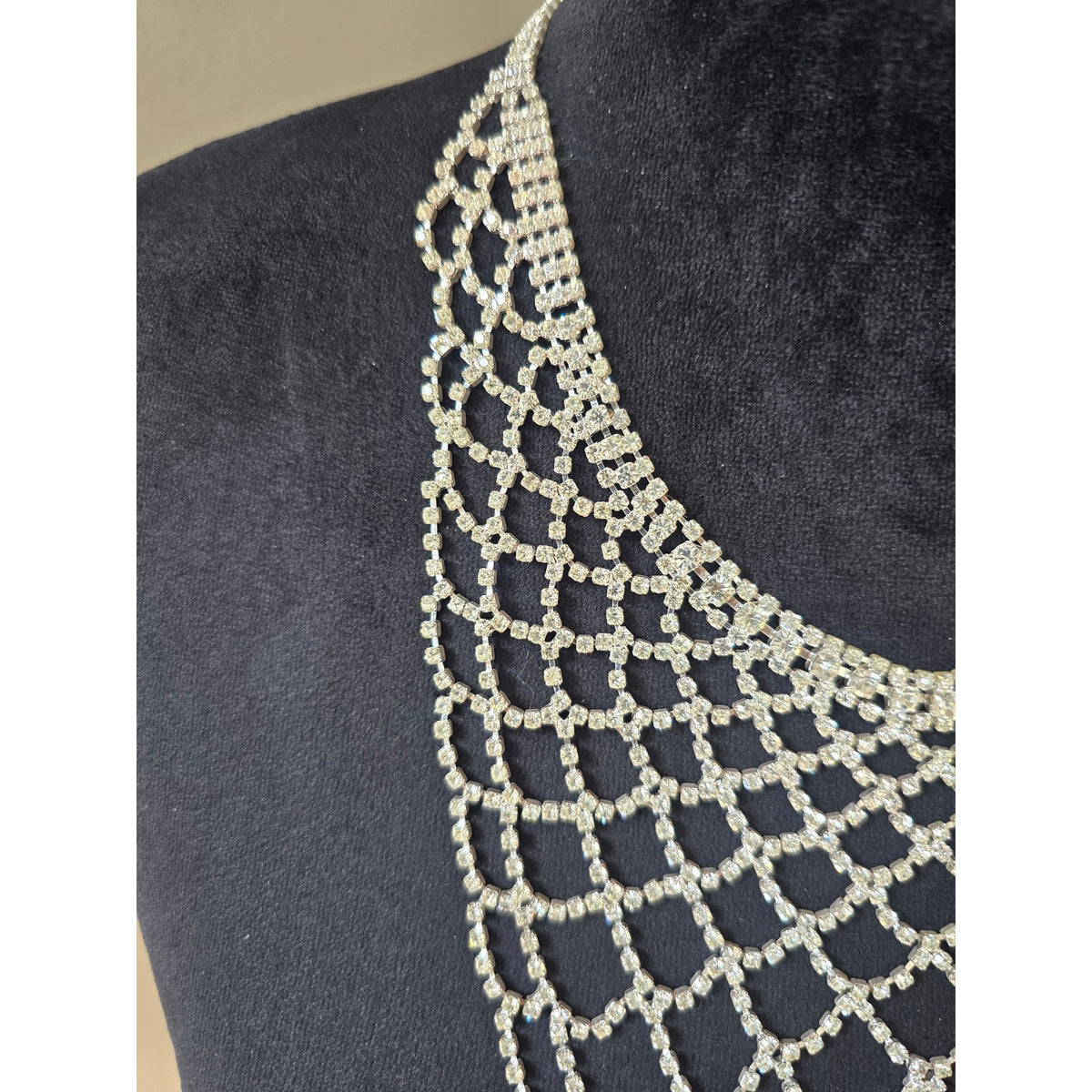 Silver Rhinestone Crystal Draped Bib Necklace Earrings Set Bridal Formal