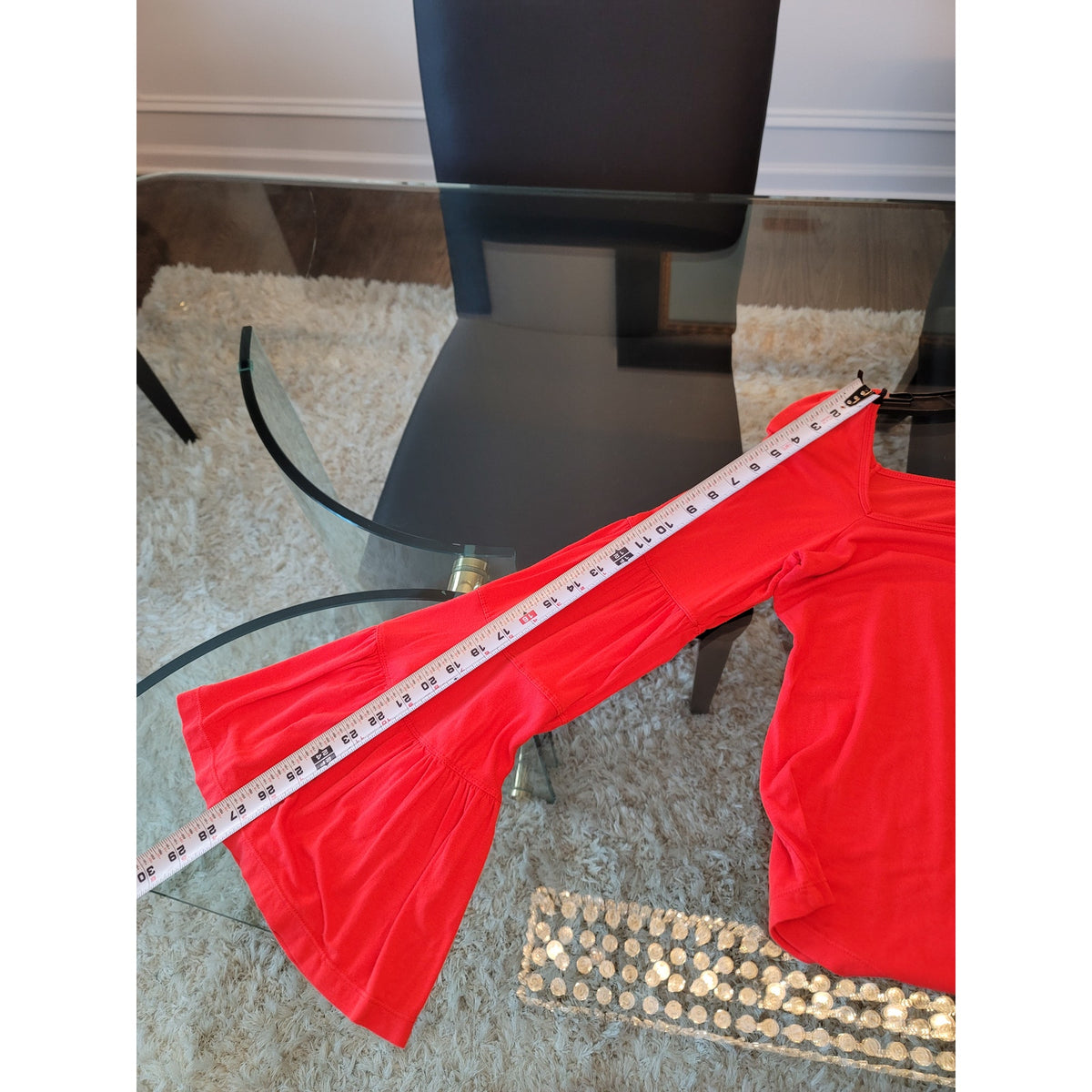 Free People L Red Stretch Square Neck Curved Hem Tiered Bell-Sleeve Casual
