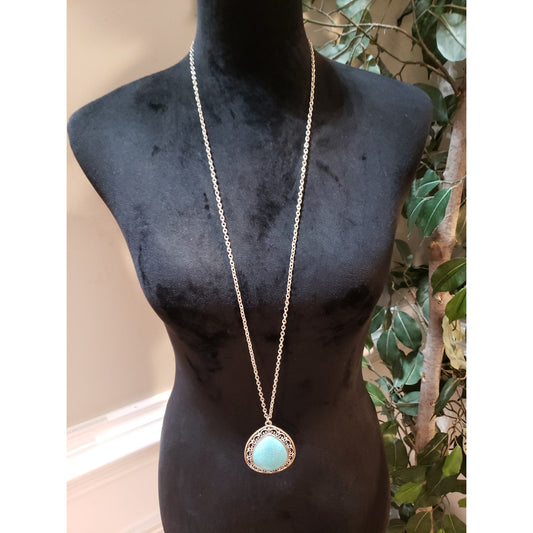 Womens Gold Tone Teardrop Turquoise Filigree Pendant Necklace with Cuff Bracelet