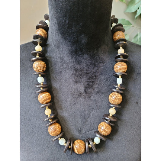 Women's Brown Wood Beaded Necklace Lobster Clasp Natural Boho Statement