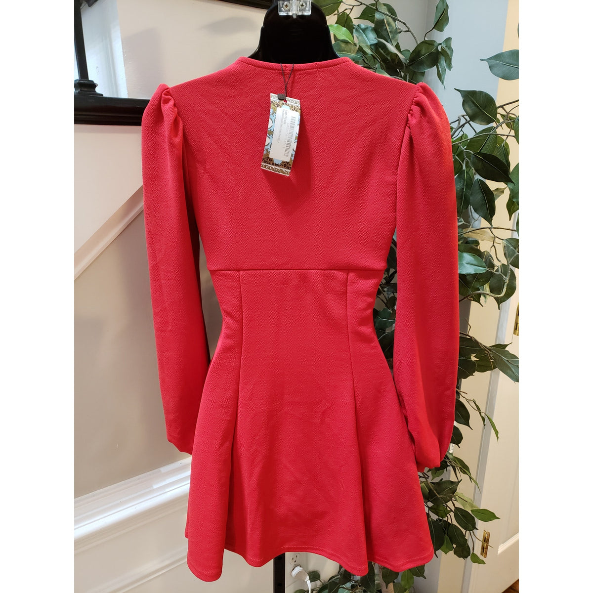 Boohoo Skater Dress Women's 4 Red Bust Detail Blouson Sleeve Crew Neck Pullover