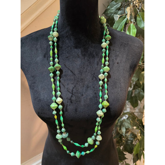Women's Green Beaded Double Strand Necklace Paper Bead Long Boho Statement