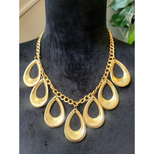 Gold Tone Teardrop Statement Necklace & Earrings Set Chunky Chain Bib Fashion