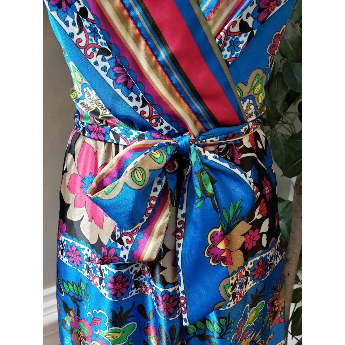 NY Collection A Line Dress Women Small Multi Floral Surplice Neck Tie Waist