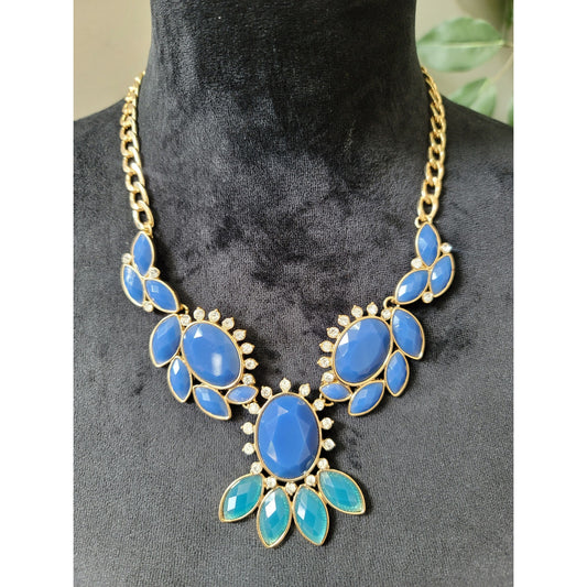 Women Blue and Turquoise Statement Necklace and Earrings Set with Crystal Accent
