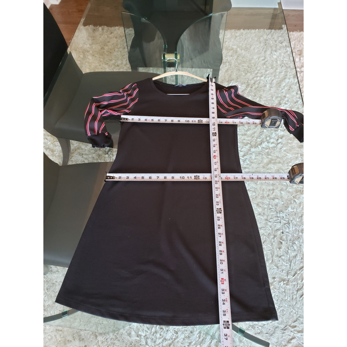 Luxology Knee Length Shift Dress Womens Small Black Striped Cotton Round Neck