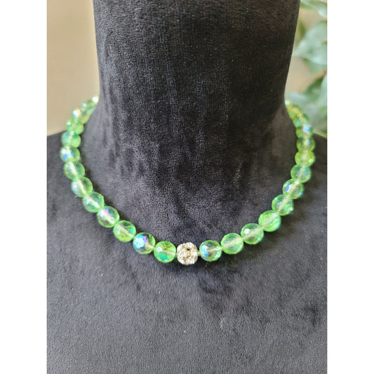 Women's Green Beaded Necklace With Rhinestone Centerpiece And Lobster Clasp Lock
