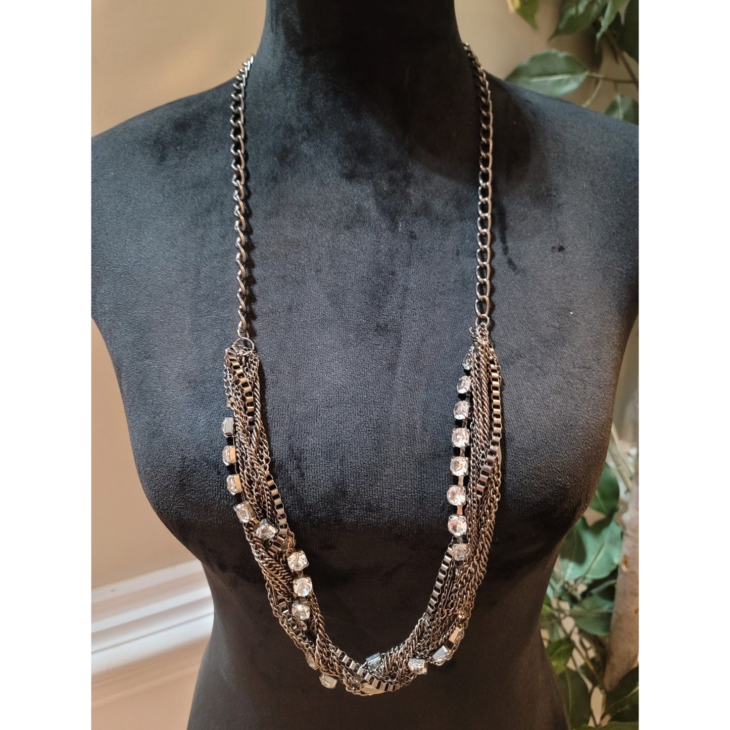 Women's Silver Tone Multi Layer Rhinestone Chain Necklace With Lobster Clasp