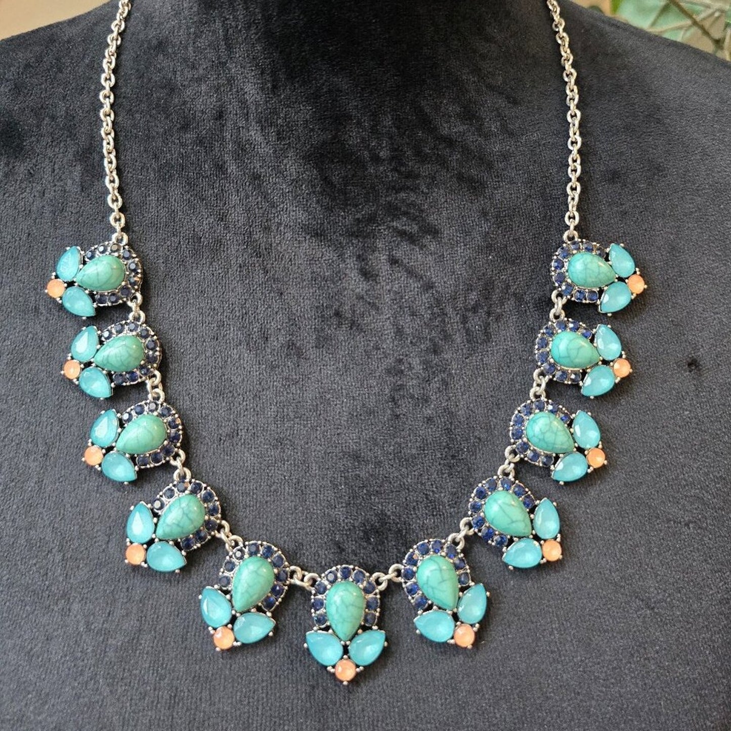 Womens Silver Tone Green Blue Teardrop Aqua Gem Rhinestone Necklace with Lobster