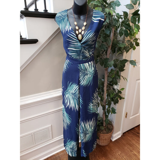 Fashion Nova Jumpsuit Womens Medium Blue Palm Leaf Wide Leg Cutout Back Zip