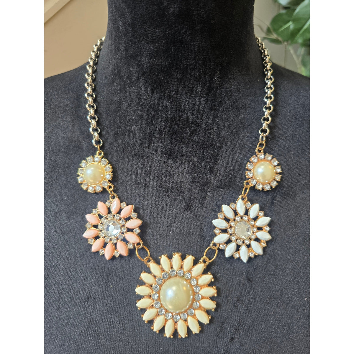 Gold Tone Peach Ivory Floral Rhinestone Statement Necklace